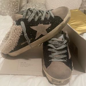 Black Glitter Shearling Golden Goose Sabot sz 37